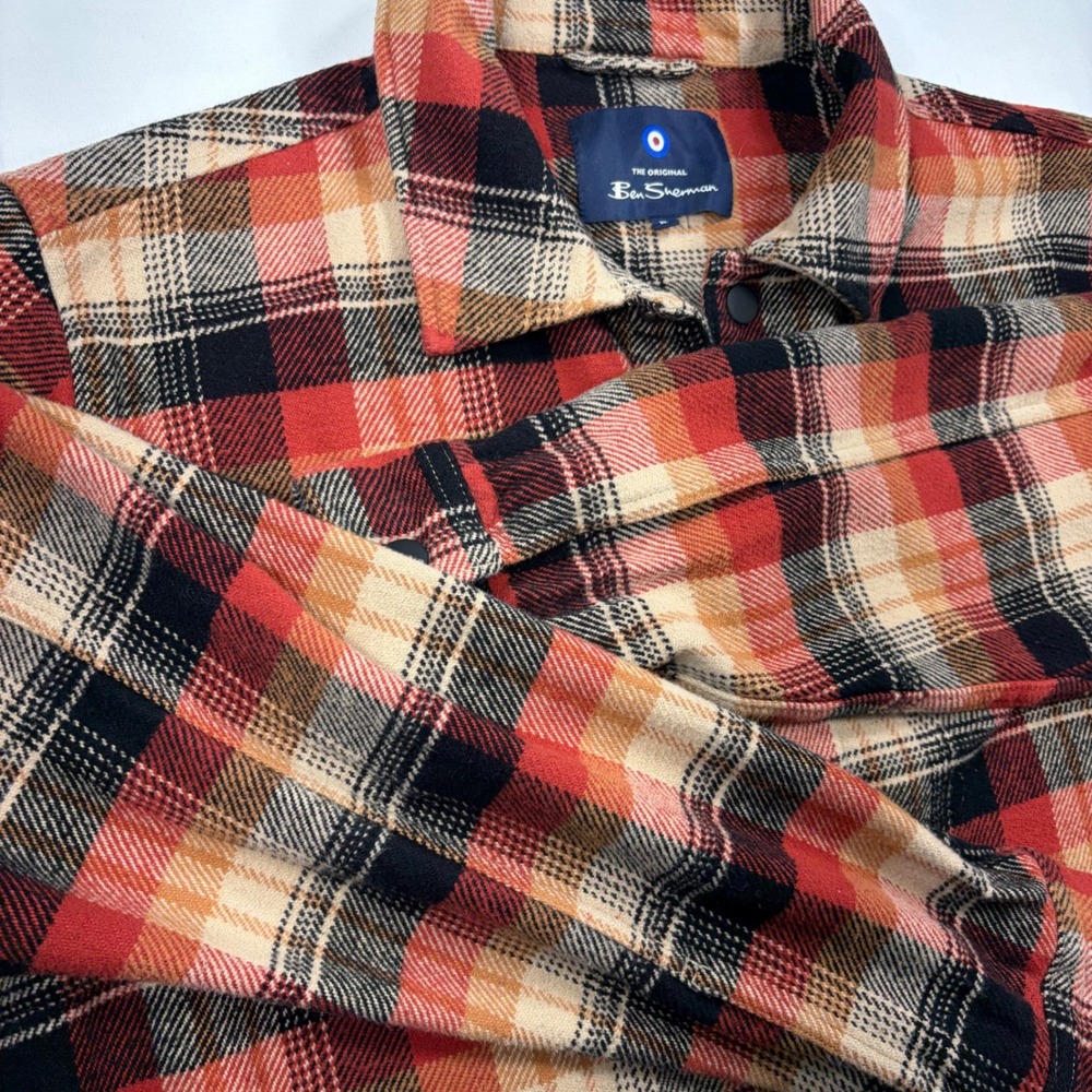 Ben Sherman Mens XL Plaid Flannel Shirt Jacket Red Orange Snap Front Shacket